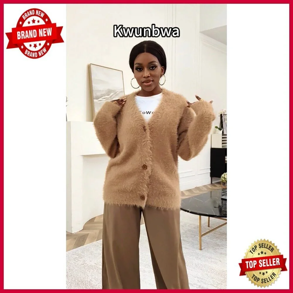 Fuzzy V-Neck Button Cardigan Oversized Slouchy Knit Sweater Coat Y2K Chic